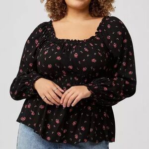 Black Floral Long-Sleeve Peasant Blouse